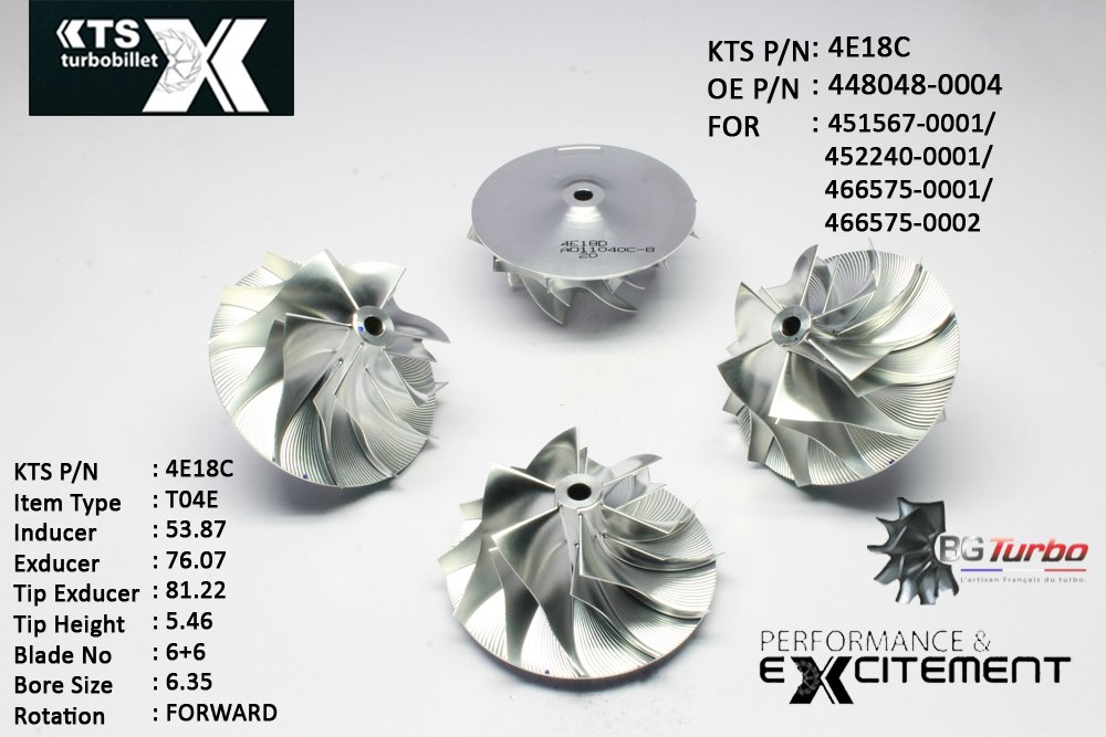 Turbo ROUE FORGÉE MFS PERFORMANCE - 6+6 PALES - INDUCER : 53,87 - EXDUCER : 76,07 - TYPE : T04EANGLE : 60° - ROTATION : Forward - SUPER BACK : 4,97 - BORE SIZE : 6,35
